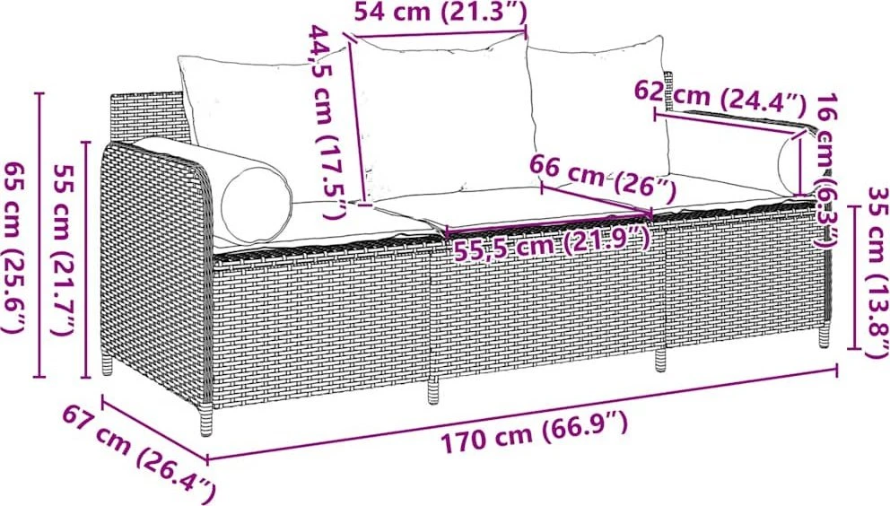 Sodo sofa su pagalvėlėmis, 3 sėdimos vietos, pilka, poliratanas