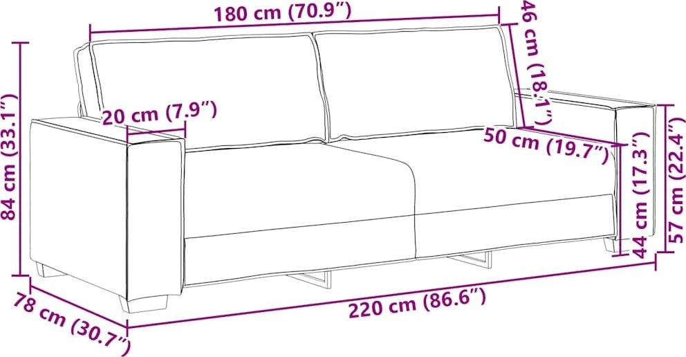 Trivietė sofa, šviesiai pilka, 220x78x84 cm, aksomas