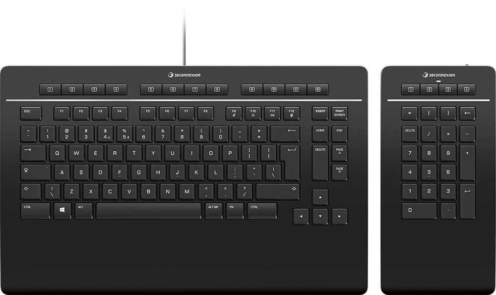 3Dconnexion Klaviatūra Pro su skaičių klaviatūra - Pilno dydžio (100%) - USB + RF belaidė + Bluetooth - Žirkliniai klavišų jungikliai - QWERTY - Juodas