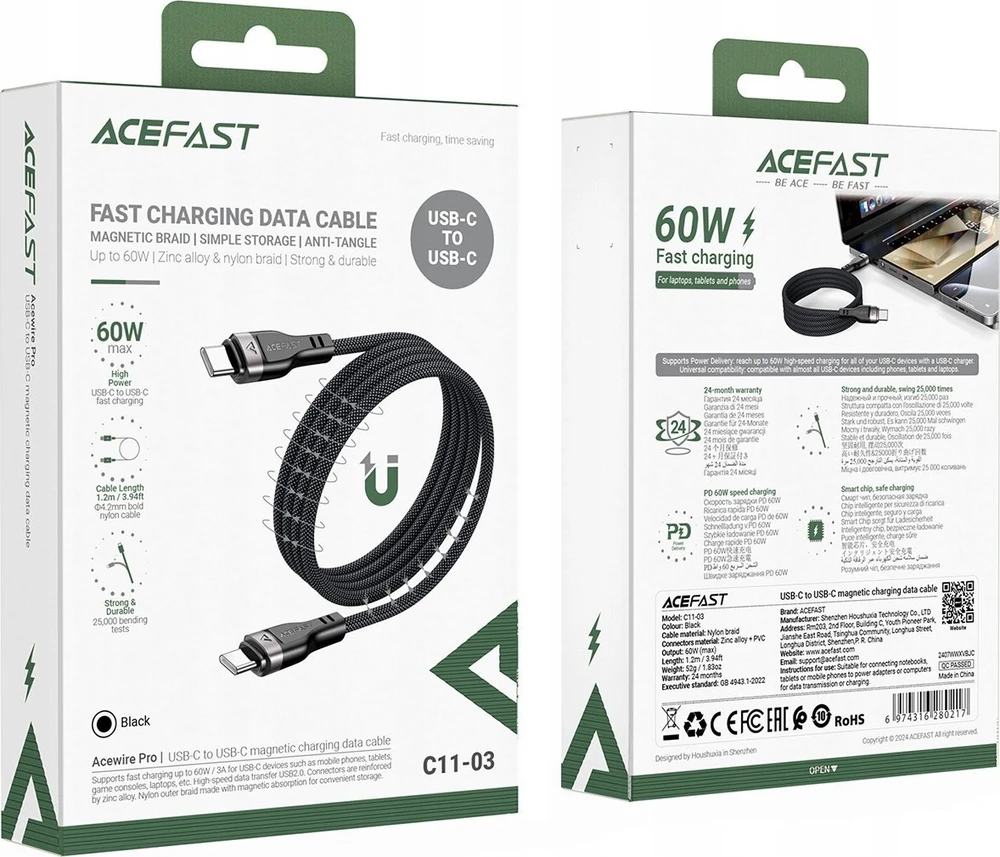 3in1 kabelis Acefast C11-03 USB-C - USB-C 480Mb/s 100W 1.2m - juodos spalvos
