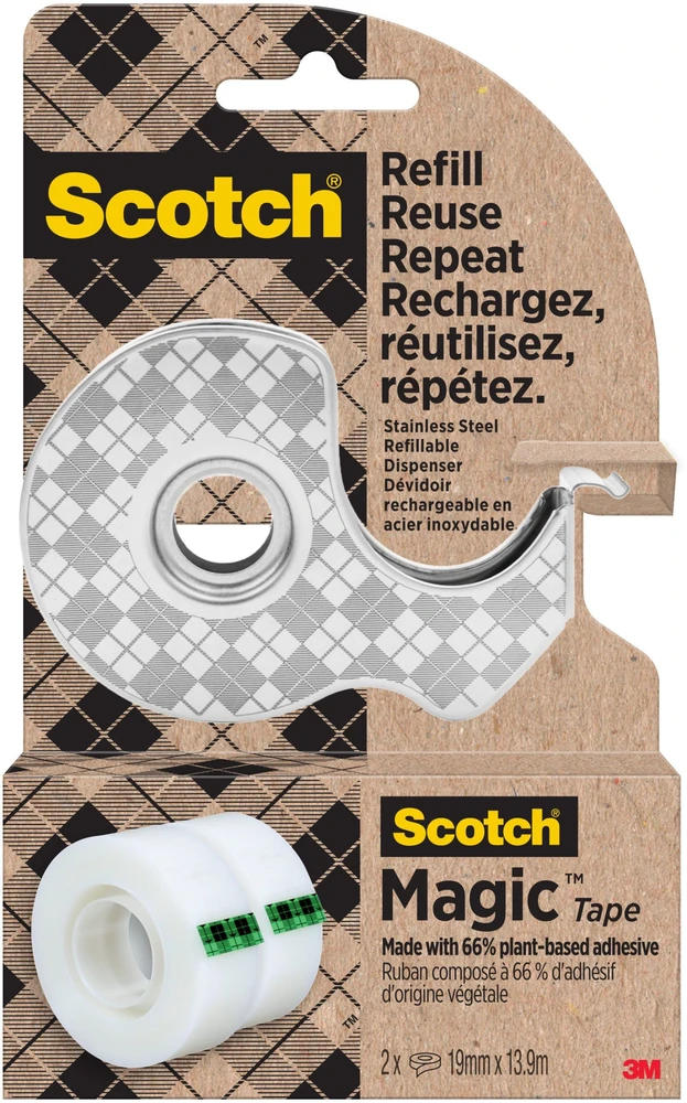 3M SCOTCH lipnios juostos dozatorius, nerūdijančio plieno + 2x Magic™ juostos 19 mm x 13,9 m, sidabrinė