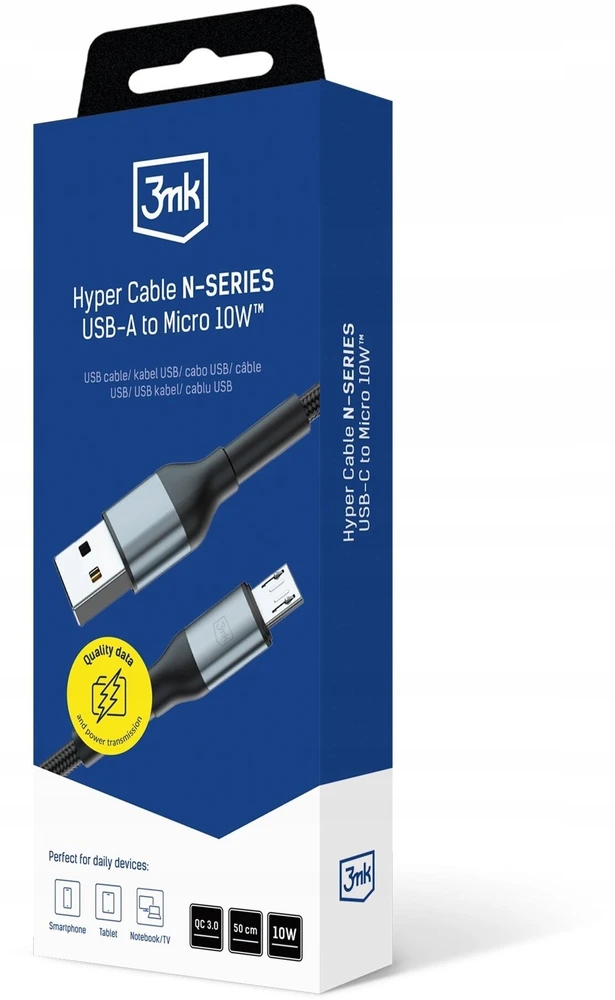 3Mk Protection 3mk Hyper Cable N-SERIES USB-A / MicroUSB 50cm QC 3.0 5V/2A 10W - juodas