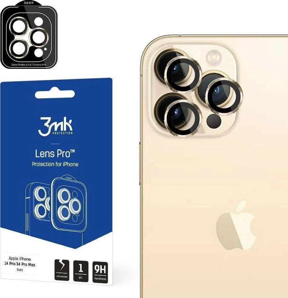 3MK objektyvo apsauga Pro Apple iPhone 14 Pro /14 Pro Max auksinis kameros objektyvo apsauga su tvirtinimo rėmeliu