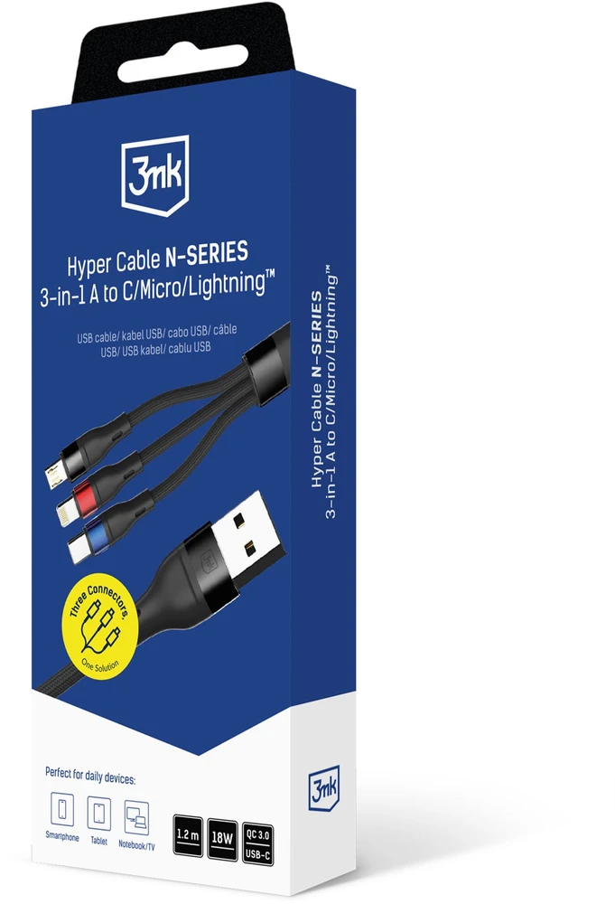 3Mk Protection 3mk Hyper Cable N-SERIES 3 in 1 USB-A / Lightning / Micro 1.2m 9V/2A 18W - juodas