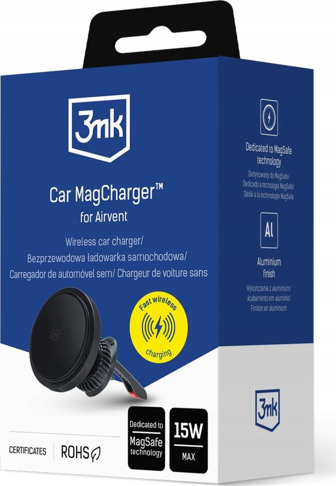 3MK Car MagCharger 15W indukcinio įkrovimo laikiklis ventiliacijos angai juodos spalvos