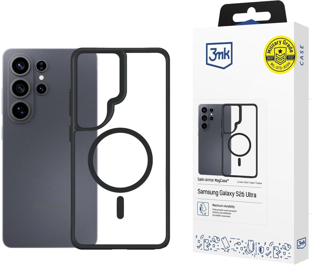 Dėklas 3mk Satin Armor MagCase, skirtas Samsung Galaxy S26 Ultra - permatomas Juodas