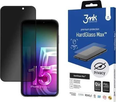 3MK HardGlass Max Privacy Apple iPhone 15 Plus 6.7" juodas, viso ekrano stiklas
