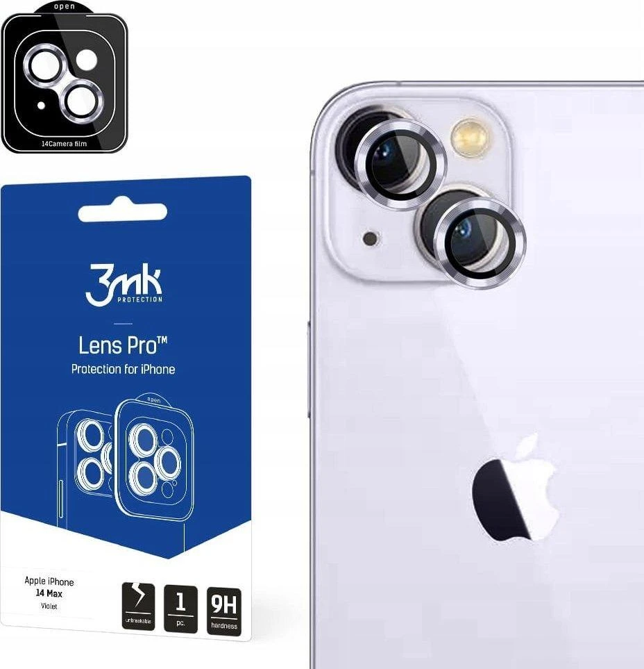 3MK „Lens Protection Pro“, skirta iPhone 14 Plus 6,7 colio, violetinė, fotoaparato objektyvo apsauga su montavimo rėmeliu