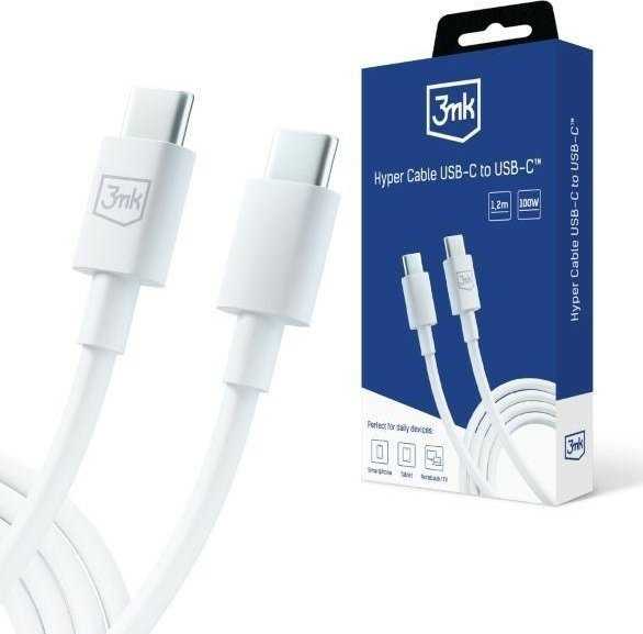 3MK Hyper Kabelis USB-C - USB-C 100W 1.2m baltos spalvos Kabelis