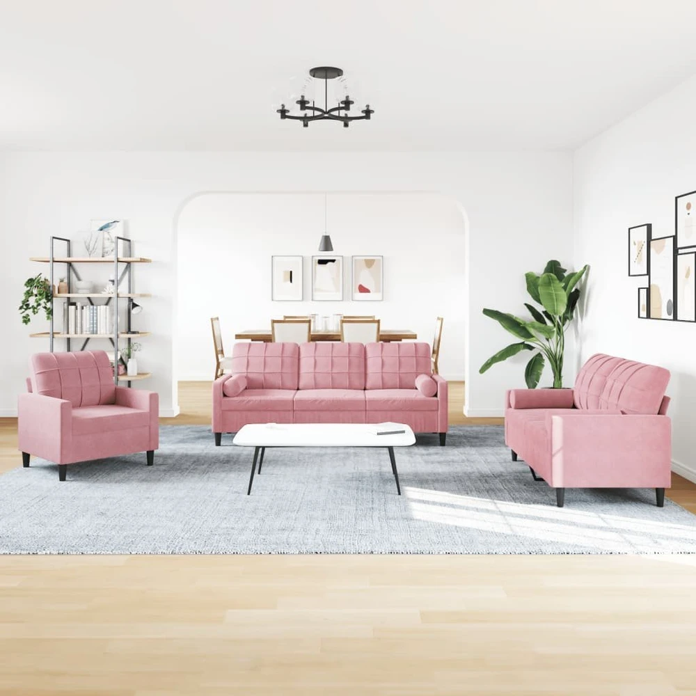 Sofa Sofos komplektas su pagalvėlėmis, 4 dalių, rožinis, aksomas