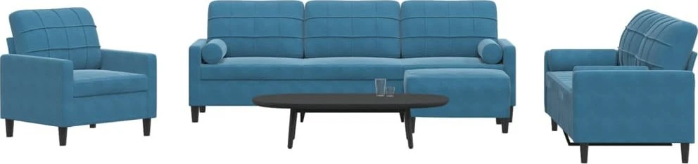 Sofa Sofos komplektas su pagalvėlėmis, 4 dalių, mėlynas, aksomas