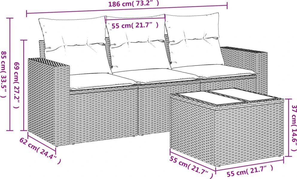 Sofa Sofos komplektas su pagalvėlėmis, 4 dalių, rudas, poliratanas