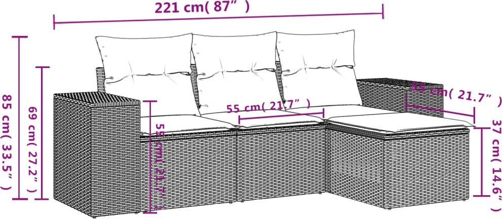 Sofa Sofos komplektas su pagalvėlėmis, 4 dalių, rudas, poliratanas
