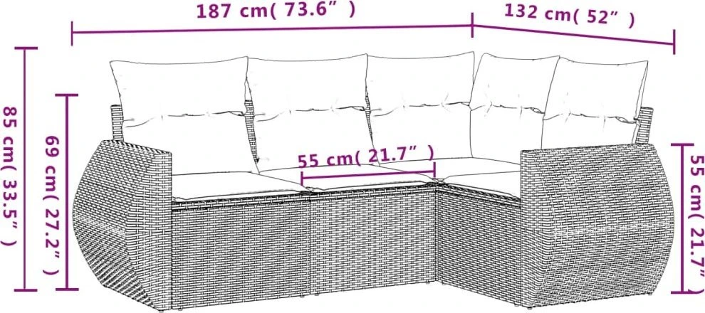Lauko baldų komplektas Sofos komplektas su pagalvėlėmis, 4 dalių, rudas, poliratanas