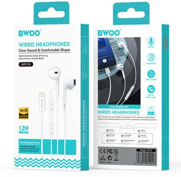 BWOO laidinės ausinės Lightning su garsumo valdikliu HF179 baltos