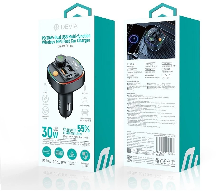 Devia siųstuvas FM Smart Bluetooth MP3 automobilinis įkroviklis PD 30W 1x USB-C 2x USB 3A juodas