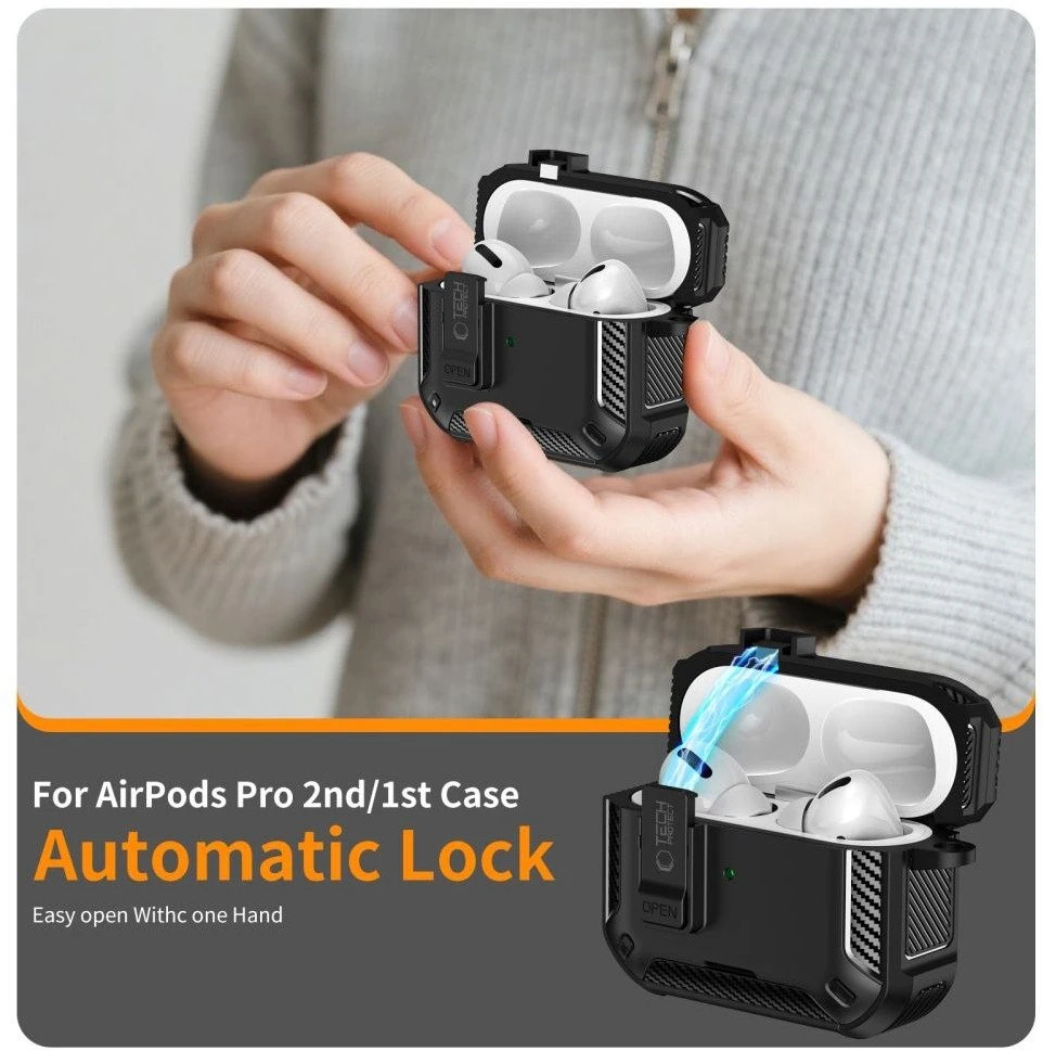 „Tech-Protect Carbonox MagSafe“ dėklas, skirtas „AirPods Pro“ ausinėms - juodas