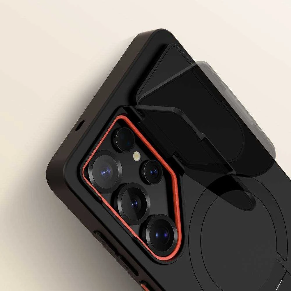 Tech-Protect Kevlar Aura MagSafe dėklas skirtas Samsung Galaxy S25 Ultra – juodos spalvos/oranžinės spalvos