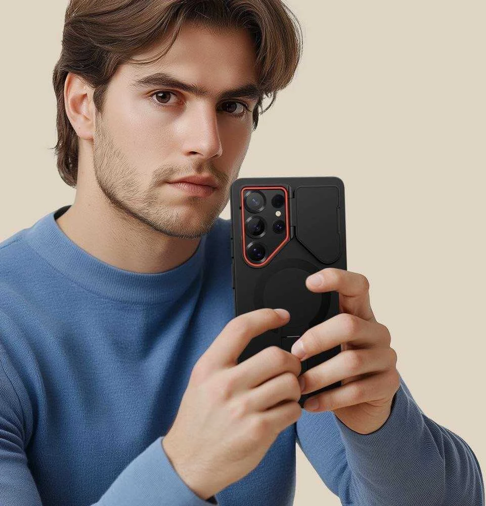 Tech-Protect Kevlar Aura MagSafe dėklas skirtas Samsung Galaxy S25 Ultra – juodos spalvos/oranžinės spalvos