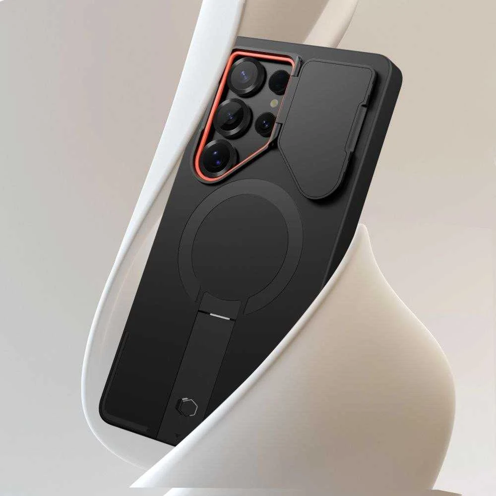 Tech-Protect Kevlar Aura MagSafe dėklas skirtas Samsung Galaxy S25 Ultra – juodos spalvos/oranžinės spalvos