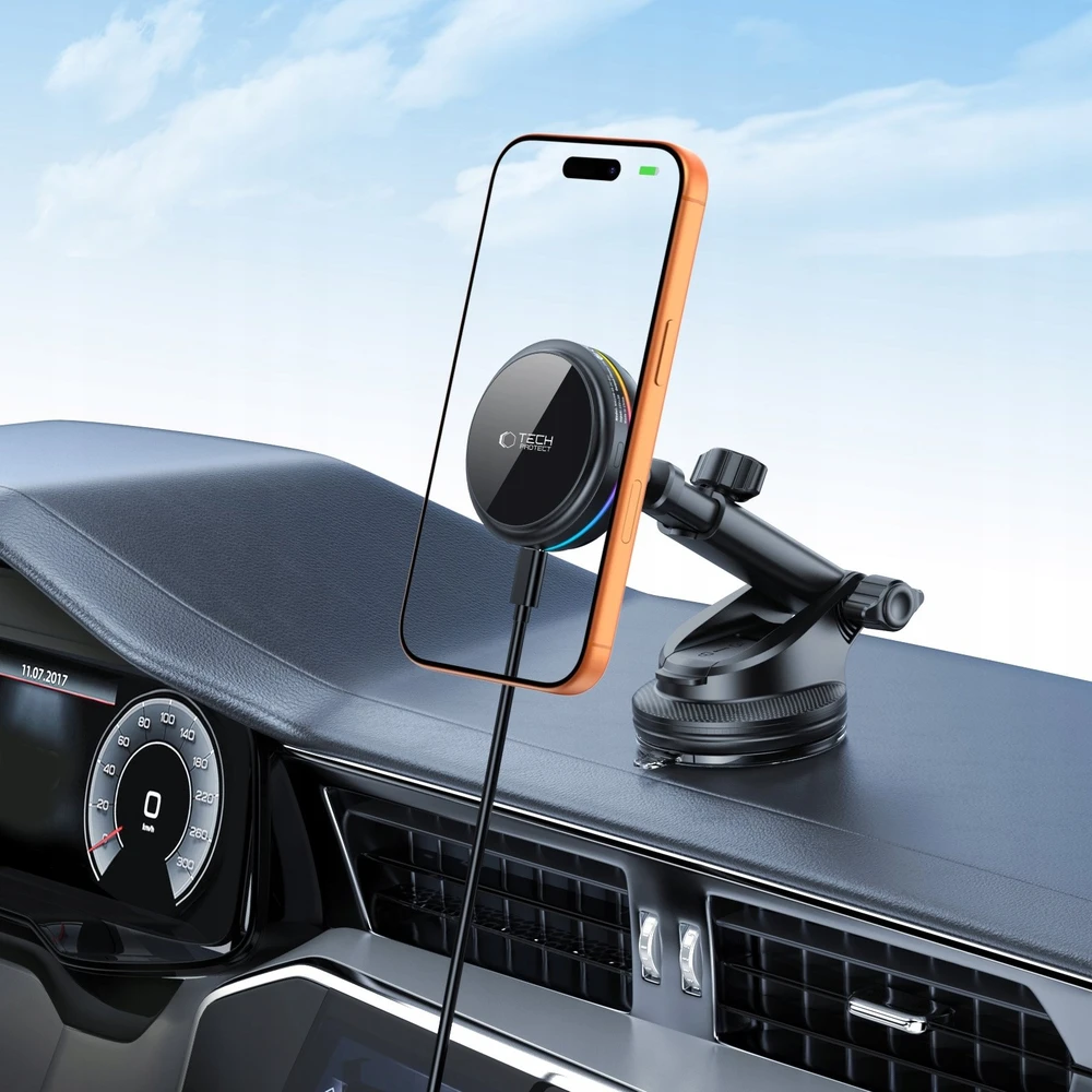 Tech-Protect V9 ArcticBoost magnetic MagSafe dashboard & vent automobilinis laikiklis su belaidžiu įkrovimu 25W QI2.2 juoda