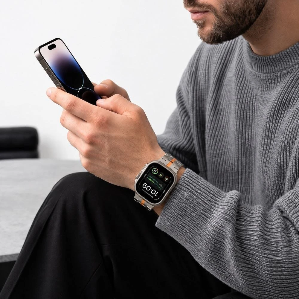 TECH-PROTECT STAINLESS APPLE WATCH 8 / 9 / 10 / 11 / 12 / SE / ULTRA (44 / 45 / 46 / 49 MM) titano/oranžinė