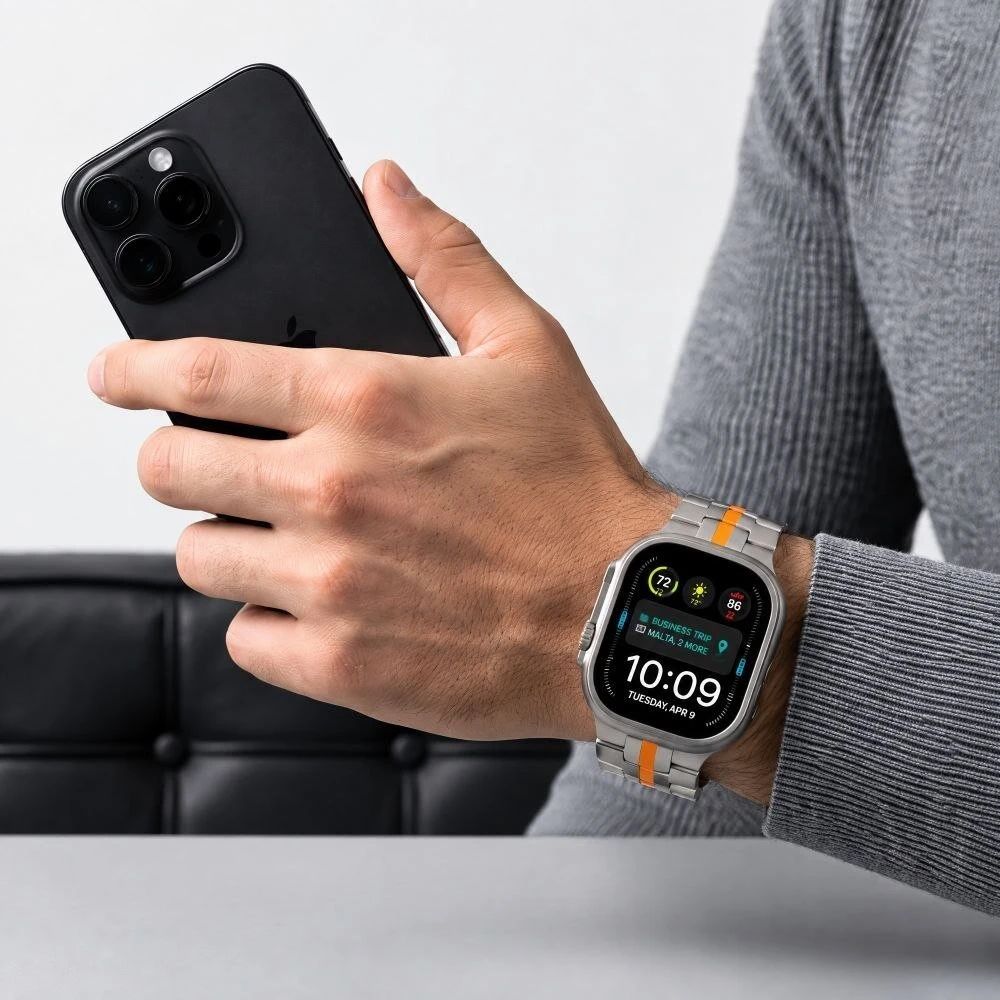 TECH-PROTECT STAINLESS APPLE WATCH 8 / 9 / 10 / 11 / 12 / SE / ULTRA (44 / 45 / 46 / 49 MM) titano/oranžinė