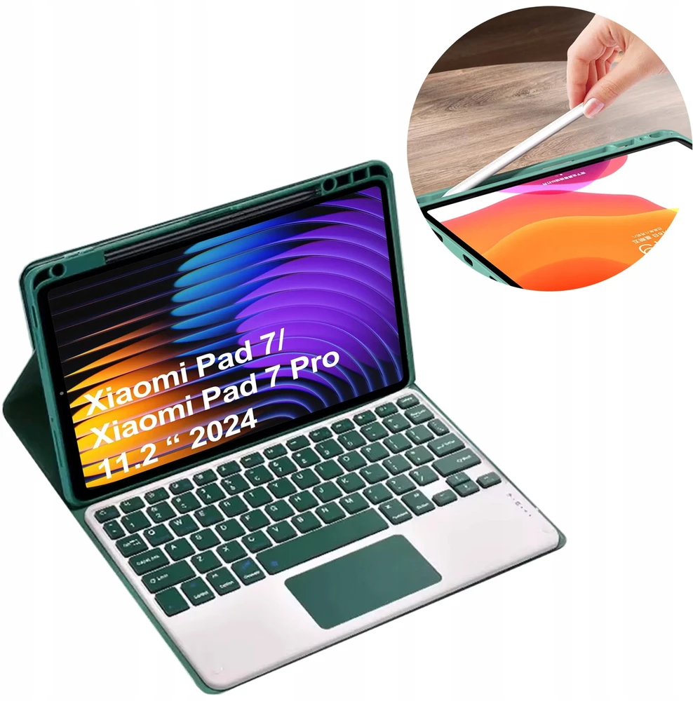 4kom.pl Dėklas ir KLAVIATŪRA su jutikliniu kilimėliu Xiaomi Pad 7 / Pad 7 PRO 11.2 su pieštuko laikikliu, žalias