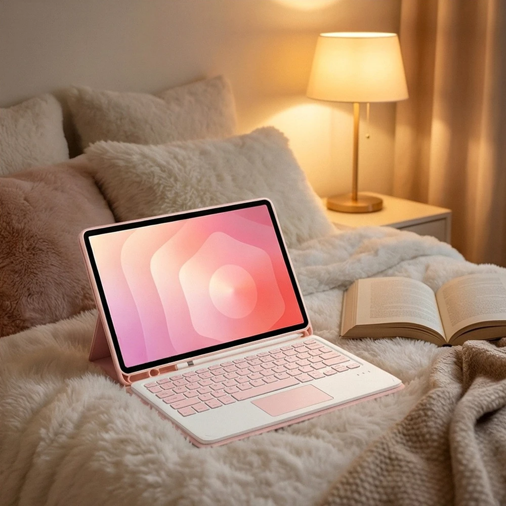 4kom.pl Dėklas su klaviatūra Bluetooth do Samsung Galaxy Tab A11+ Plus rožinė - ochronne su podstawką (CFA9P)