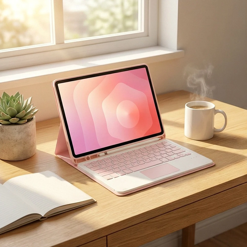 4kom.pl Dėklas su klaviatūra Bluetooth do Samsung Galaxy Tab A11+ Plus rožinė - ochronne su podstawką