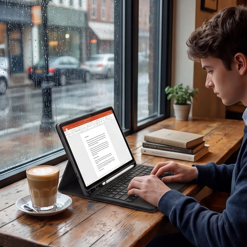 4kom.pl Dėklas su klaviatūra skirtas Lenovo Tab One TB305FU – apsauginis su stovu, prieiga prie prievadų ir mygtukų