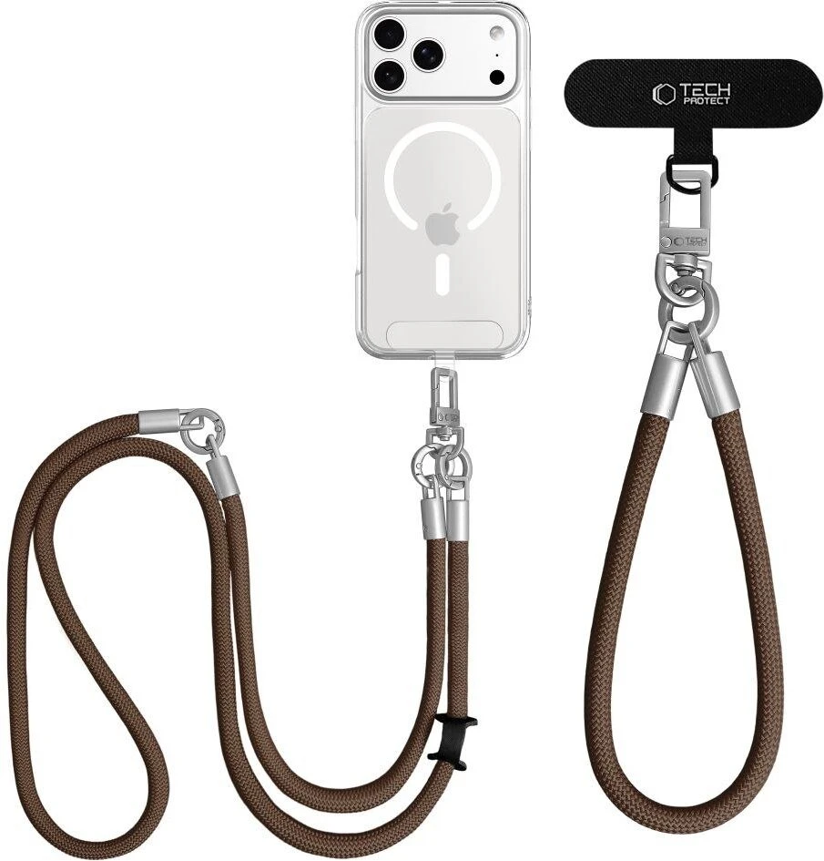„Tech-Protect C10S“ telefono dirželis per petį (114 cm) + riešo dirželis (31 cm) – ruda-titanium