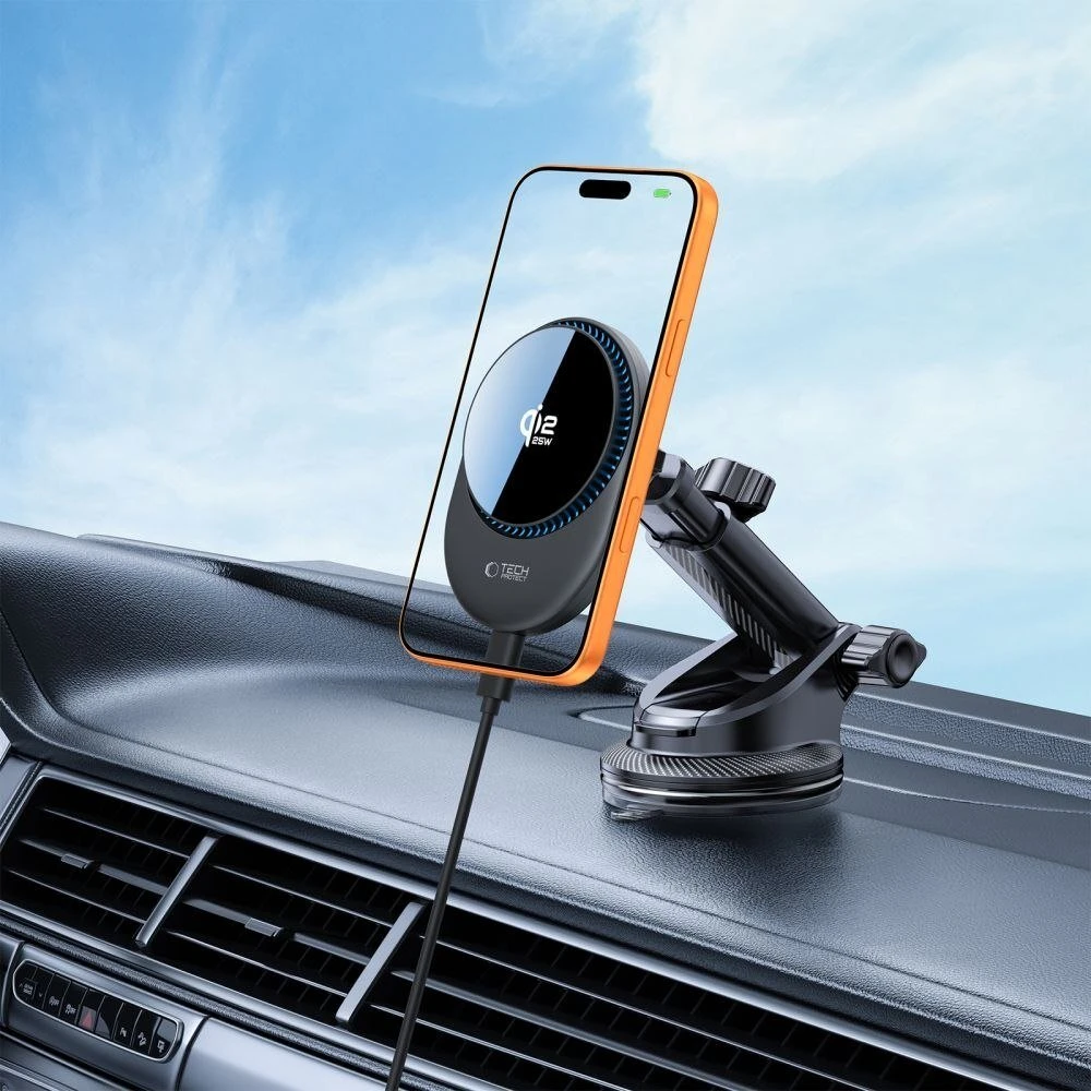 Tech-Protect V21 Magnetic MagSafe Dashboard & Vent automobilinis telefono laikiklis su belaidžiu įkrovimu 25W QI2.2 juodos spalvos