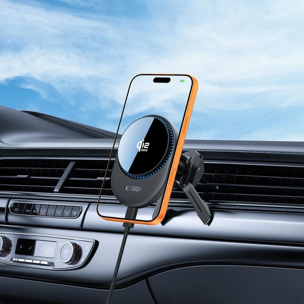 Tech-Protect V21 Magnetic MagSafe Dashboard & Vent automobilinis telefono laikiklis su belaidžiu įkrovimu 25W QI2.2 juodos spalvos