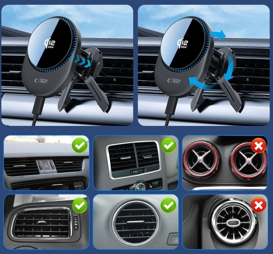 Tech-Protect V21 Magnetic MagSafe Dashboard & Vent automobilinis telefono laikiklis su belaidžiu įkrovimu 25W QI2.2 juodos spalvos