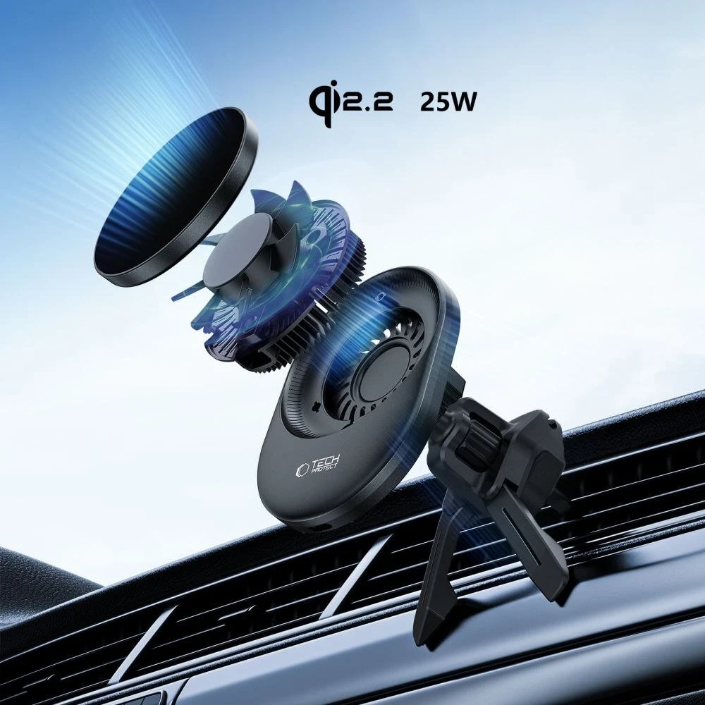 Tech-Protect V21 Magnetic MagSafe Dashboard & Vent automobilinis telefono laikiklis su belaidžiu įkrovimu 25W QI2.2 juodos spalvos