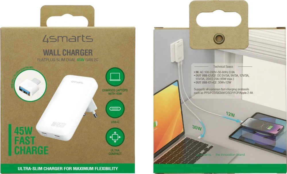 4smarts FlatPlug SlimDual 45W GaN 2xUSB-C balta