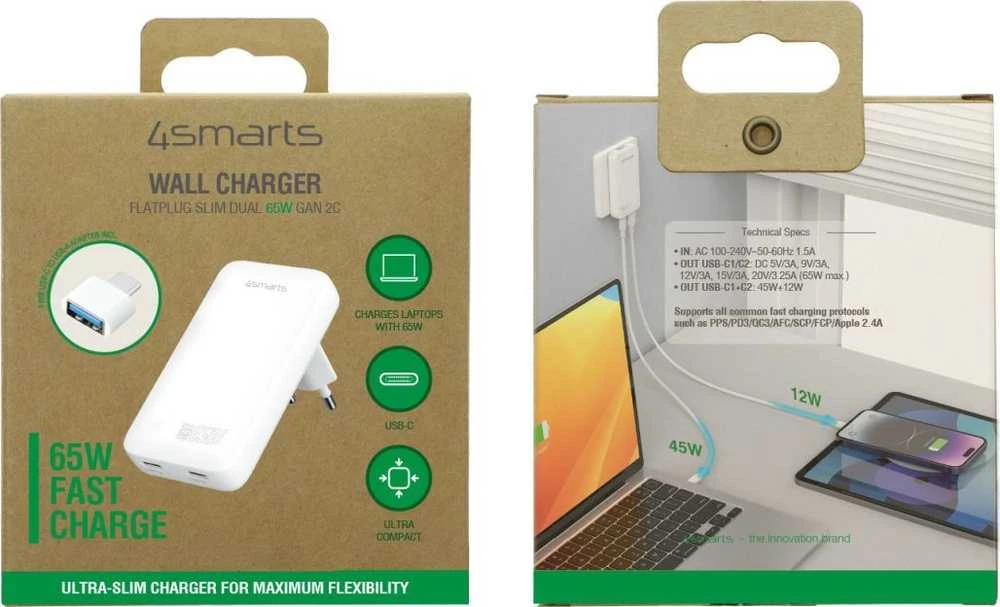 4smarts FlatPlug SlimDual 65W GaN 2xUSB-C balta