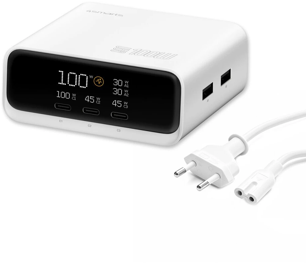 Įkrovimo stotelė 4smarts stalo įkroviklis GaN ekranas 100W 3xUSB-C + 2xUSB-A balta