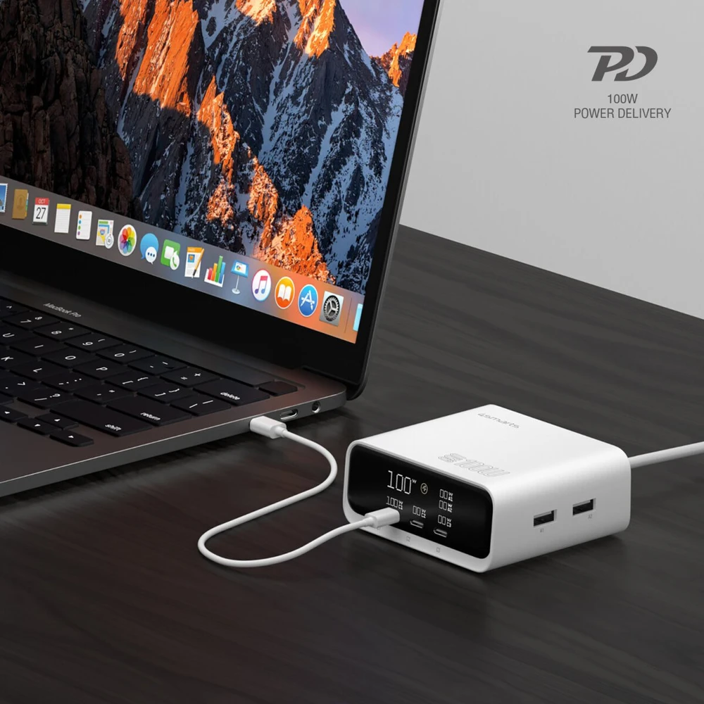 Įkrovimo stotelė 4smarts stalo įkroviklis GaN ekranas 100W 3xUSB-C + 2xUSB-A balta