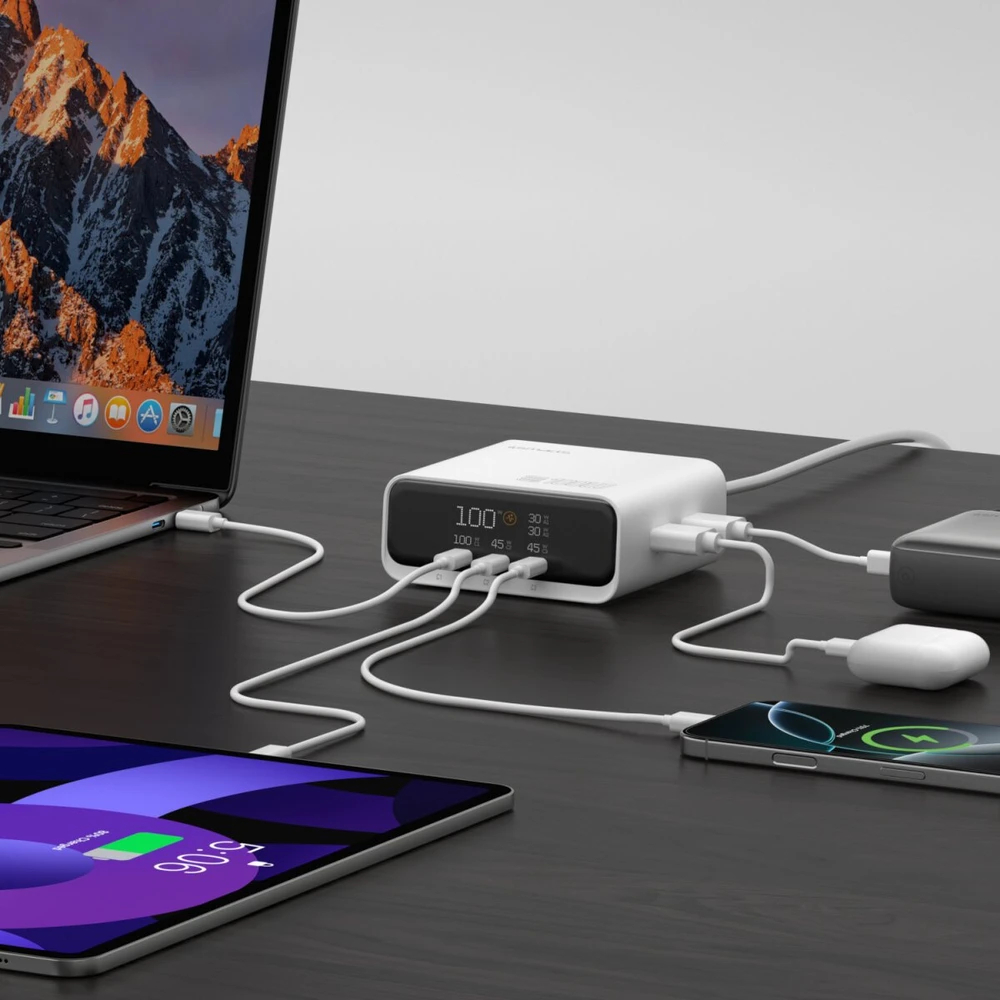 Įkrovimo stotelė 4smarts stalo įkroviklis GaN ekranas 100W 3xUSB-C + 2xUSB-A balta