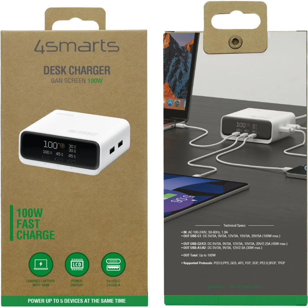 Įkrovimo stotelė 4smarts stalo įkroviklis GaN ekranas 100W 3xUSB-C + 2xUSB-A balta