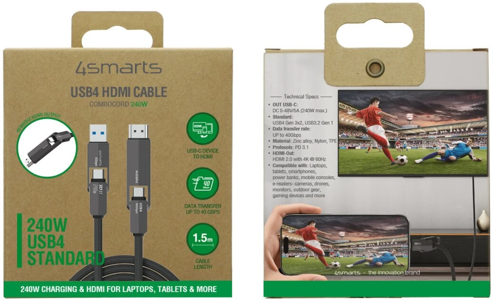 Cable 4smarts ComboCord USB4 HDMI 240W 1.5m juodas