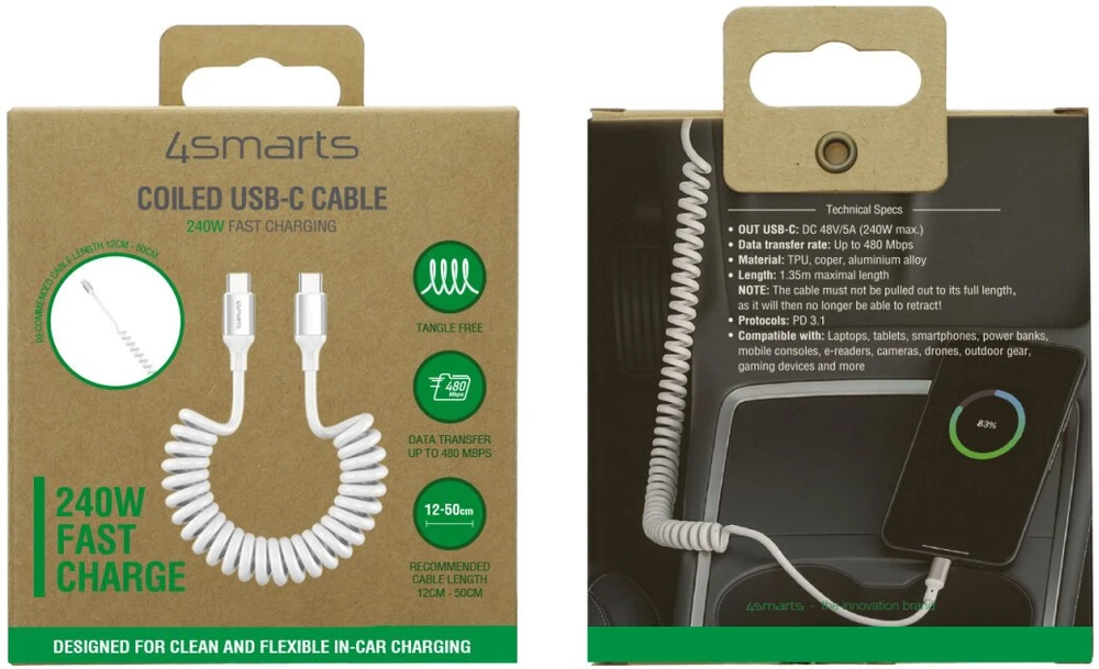 Kabelis 4smarts spiralinis USB-C į USB-C 240W baltos spalvos