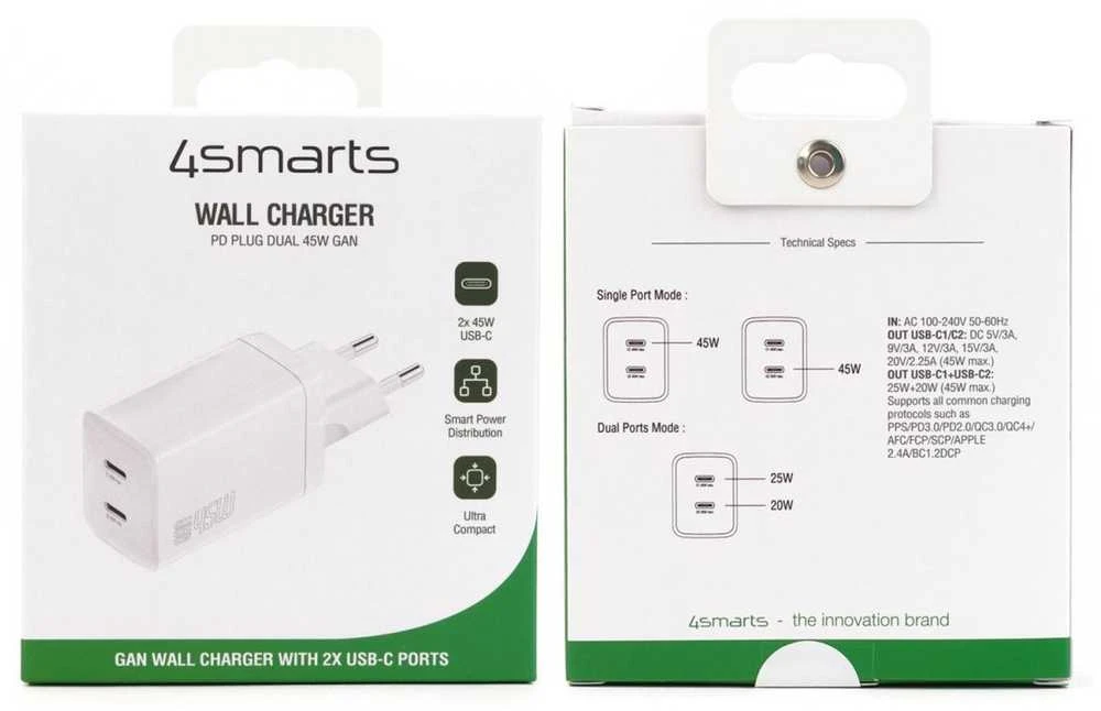 Laidinis įkroviklis 4smarts PDPlug Dual 45W GaN 2xUSB-C baltos spalvos