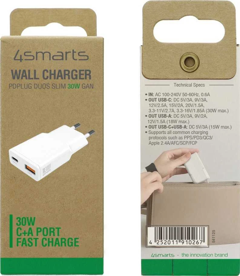 4Smarts sieninis įkroviklis PDPlug Duos Slim 30W GaN 1C+1A baltas