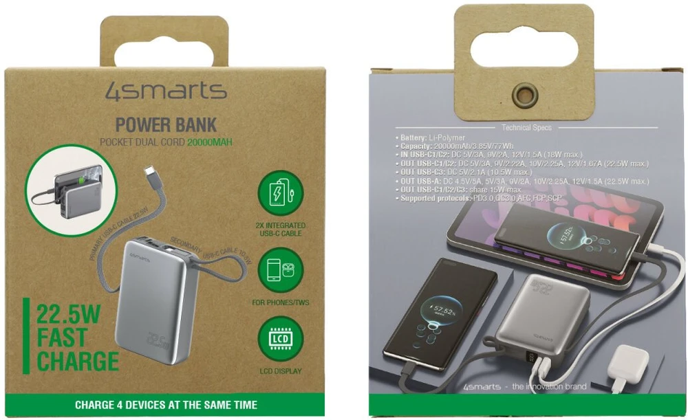 „4smarts Pocket“ dvigubas laidas, 20000 mAh, 22,5 W, su integruotu USB-C laidu