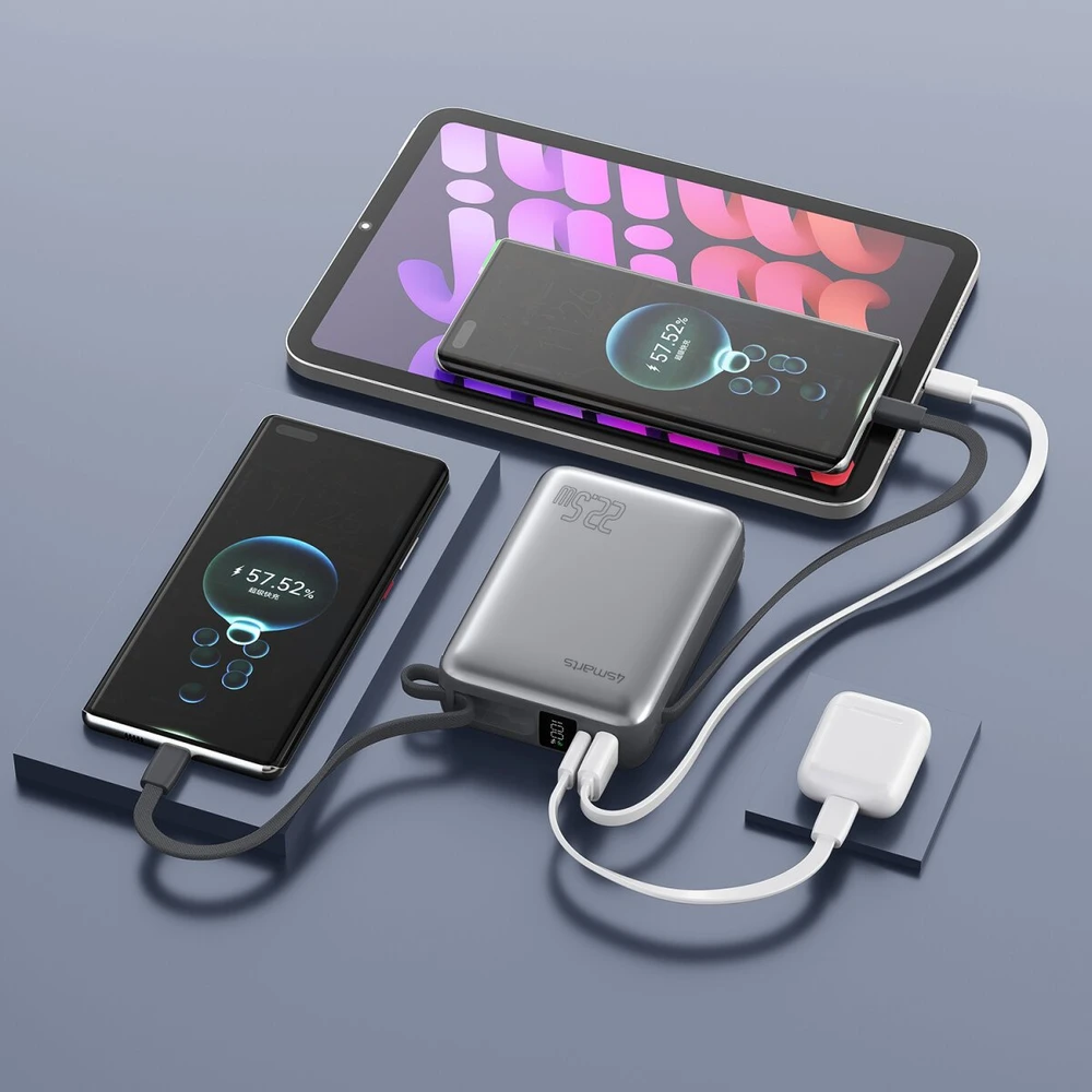 „4smarts Pocket“ dvigubas laidas, 20000 mAh, 22,5 W, su integruotu USB-C laidu