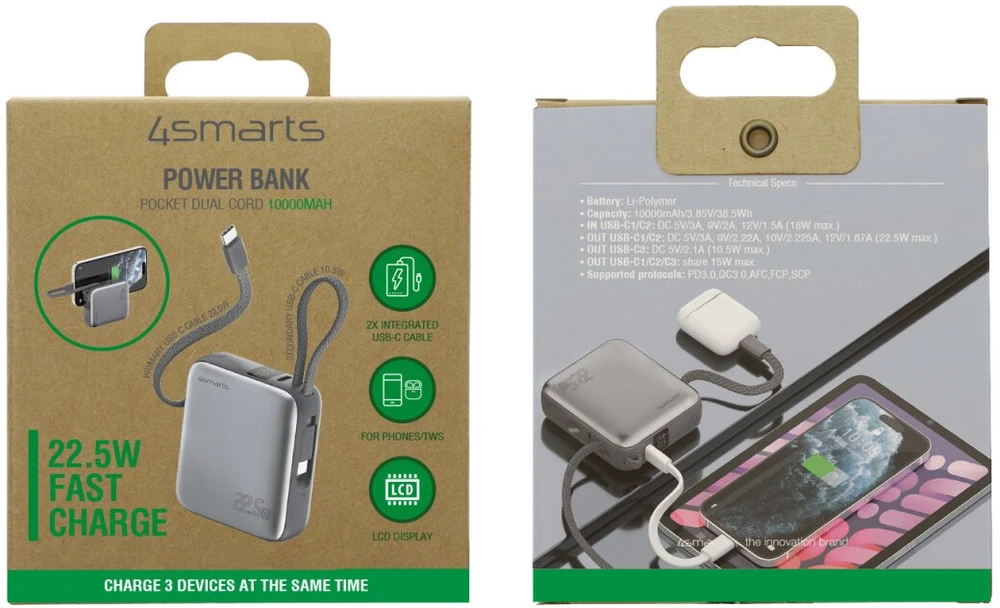 „4smarts Pocket“ dvigubas laidas, 10000 mAh, 22,5 W, su integruotu USB-C laidu