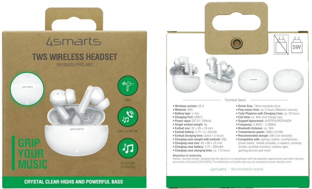 Ausinės 4smarts SkyBuds Pro ANC į ausis įkišamos Buds juodas